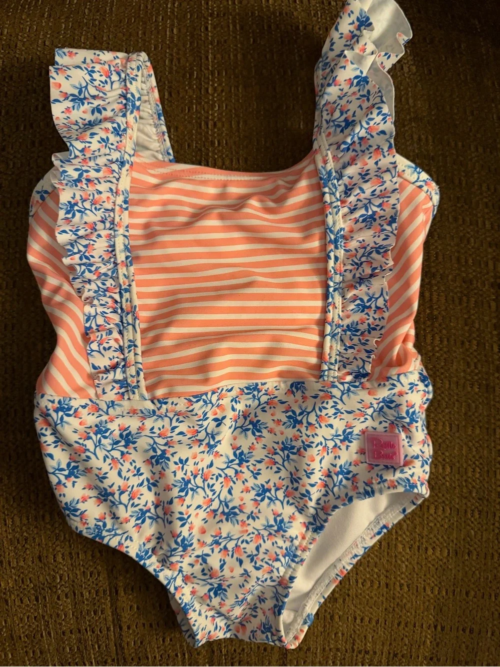 Ruffle Butts Coral Stripe and Blue Floral Ruffle-Trim One-Piece Swimsuit